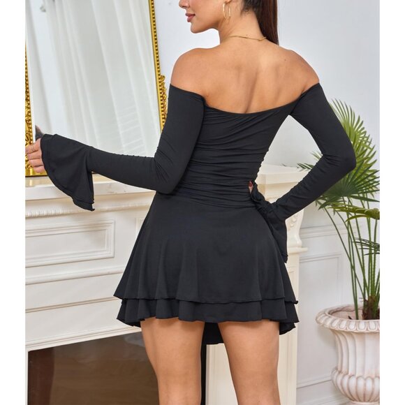 Women's Long Sleeve Tube Dress Sexy Off Shoulder Ruffle Tiered Flowy Bodycon Min - Picture 4 of 5